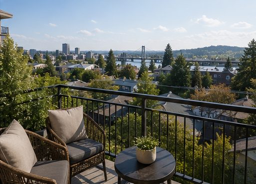 Private balcony with seating and downtown Portland view