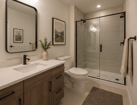 Modern bathroom with walk-in shower and double vanity