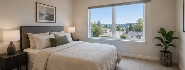 Queen bedroom with large window and neighborhood view