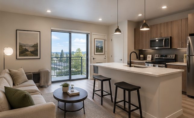 Living room and kitchen with mountain view through sliding glass door